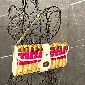 Kate Spade Vintage Wicker Pink and Brown Woven Clutch, w unbranded chain